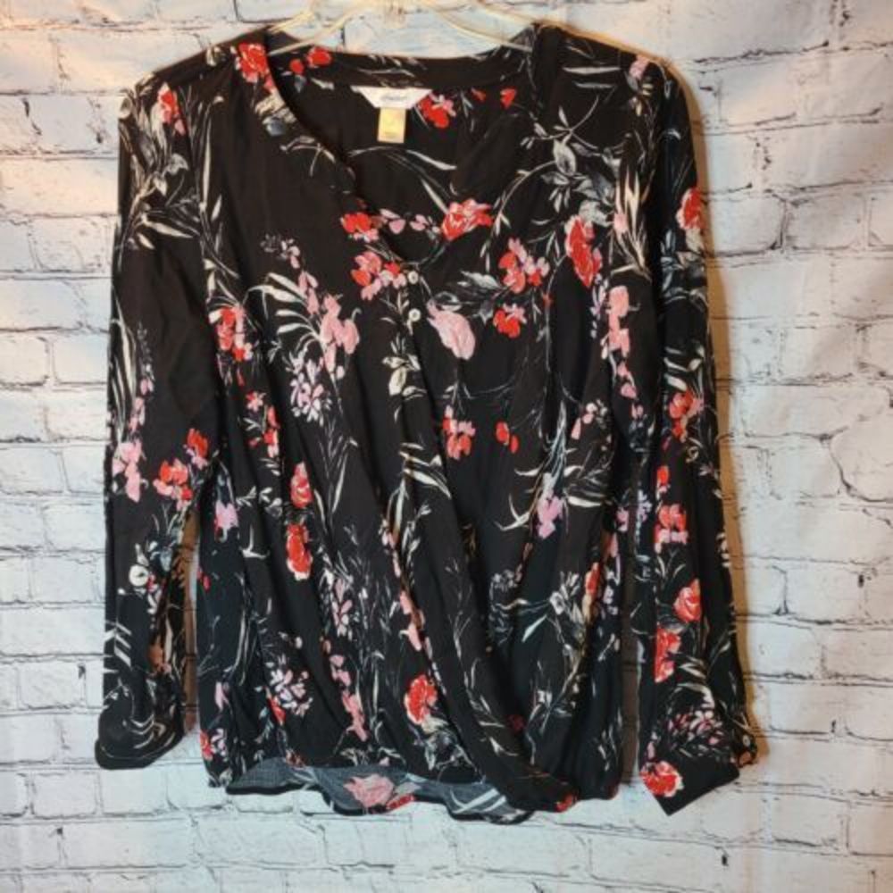 cj banks Floral Surplice Blouse Womens X Black Red Long Sleeve Excellnt Wrap Top